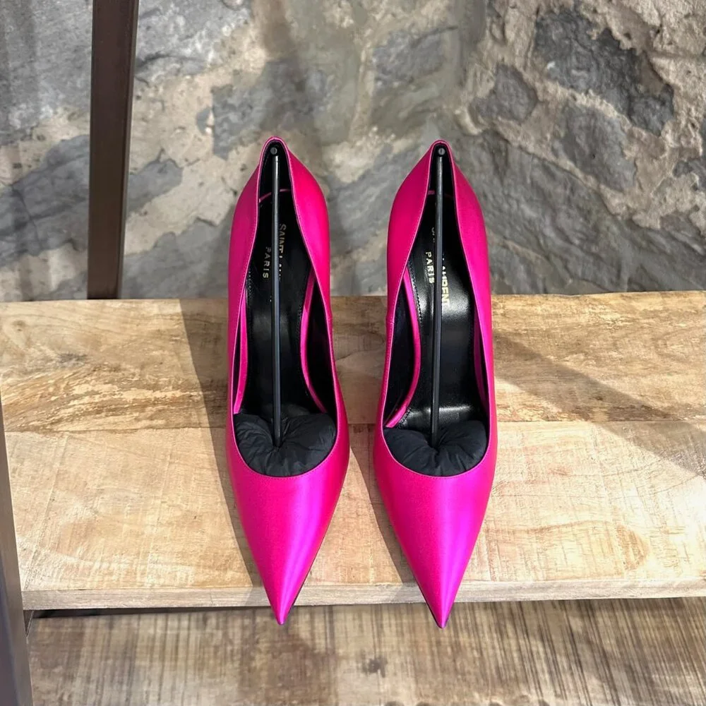 Saint Laurent Hot Pink Satin Marylin 110 Pumps - Picture 2 of 11